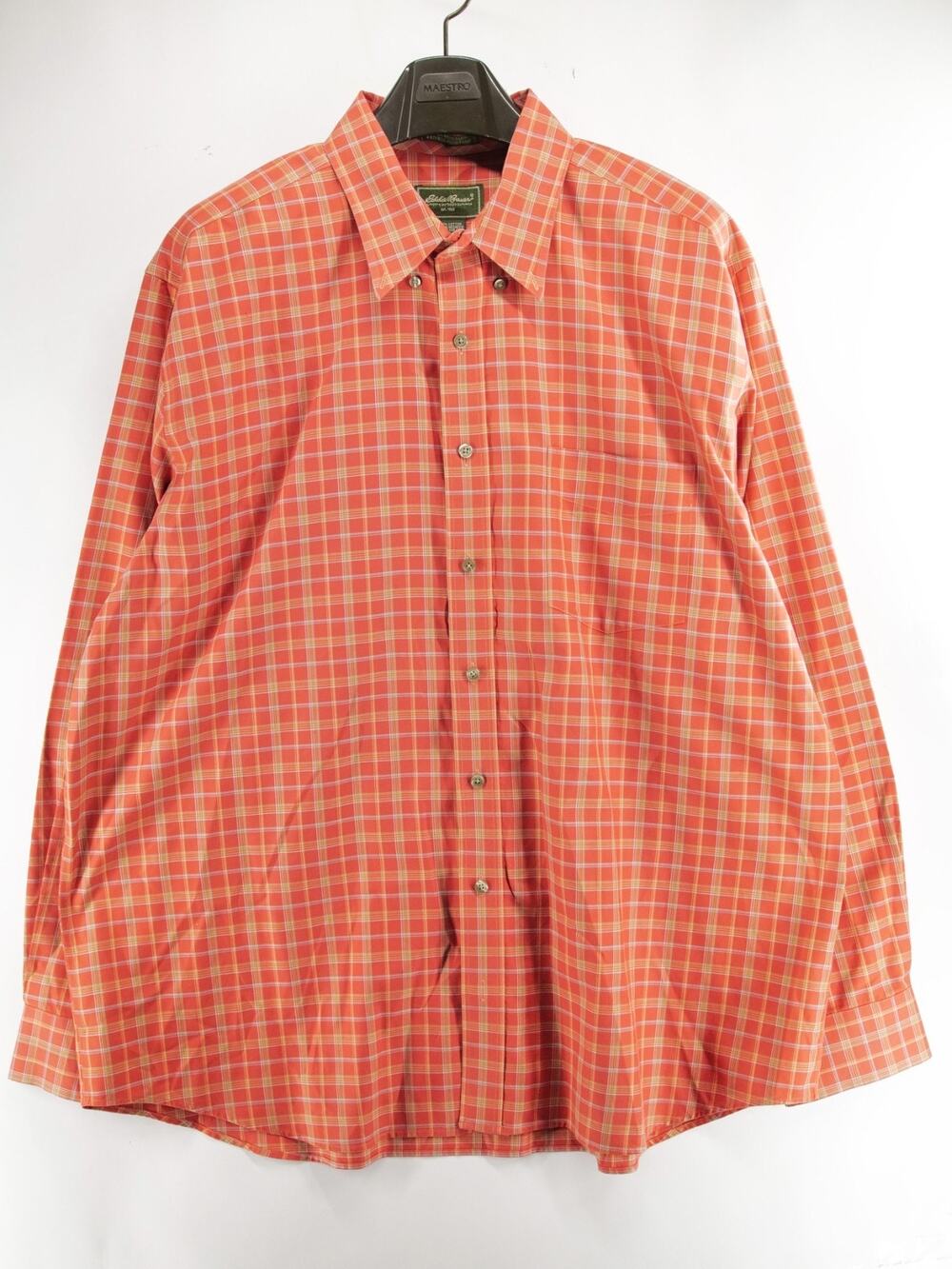 Eddie Bauer Men's 2XL Tall Orange Red Plaid Button Up Shirt Wrinkle Resistant
